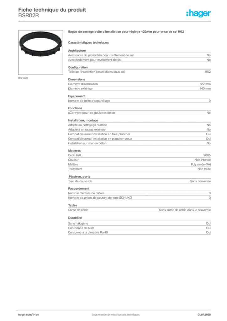 Image Hager Fiche technique du produit BSR02R | Hager Belgique