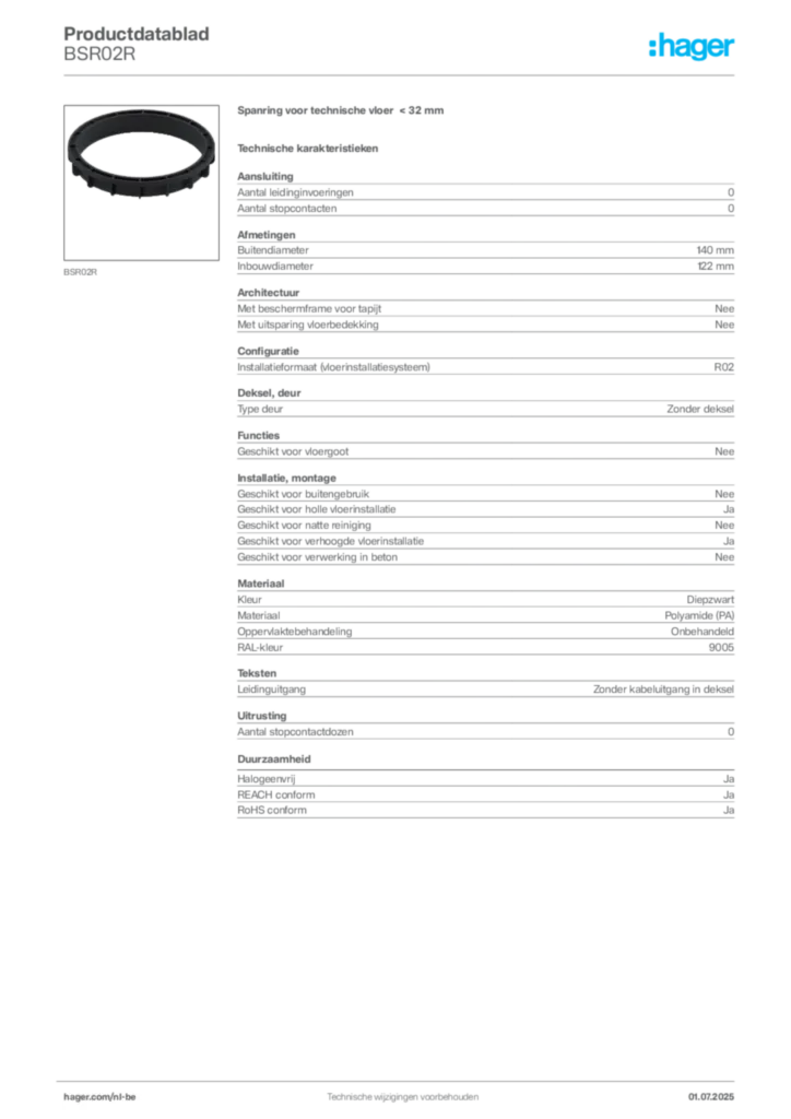Afbeelding Hager Productdatablad BSR02R | Hager Belgium