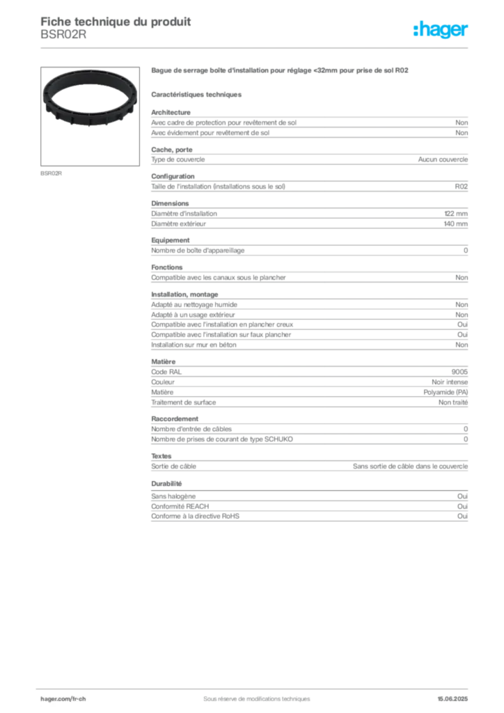 Image Hager Fiche technique du produit BSR02R | Hager Suisse