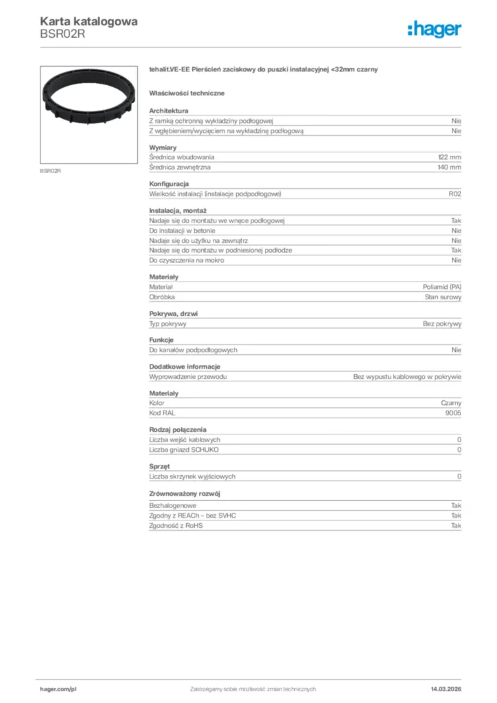 Zdjęcie Hager Karta katalogowa BSR02R | Hager Polska