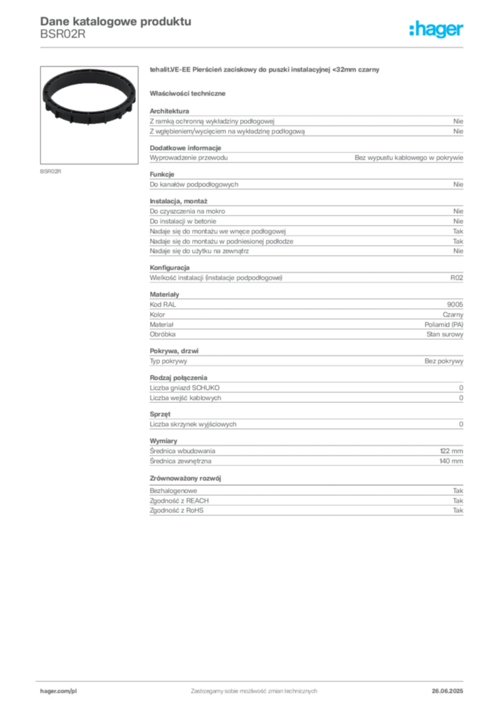Zdjęcie Hager Karta katalogowa BSR02R | Hager Polska