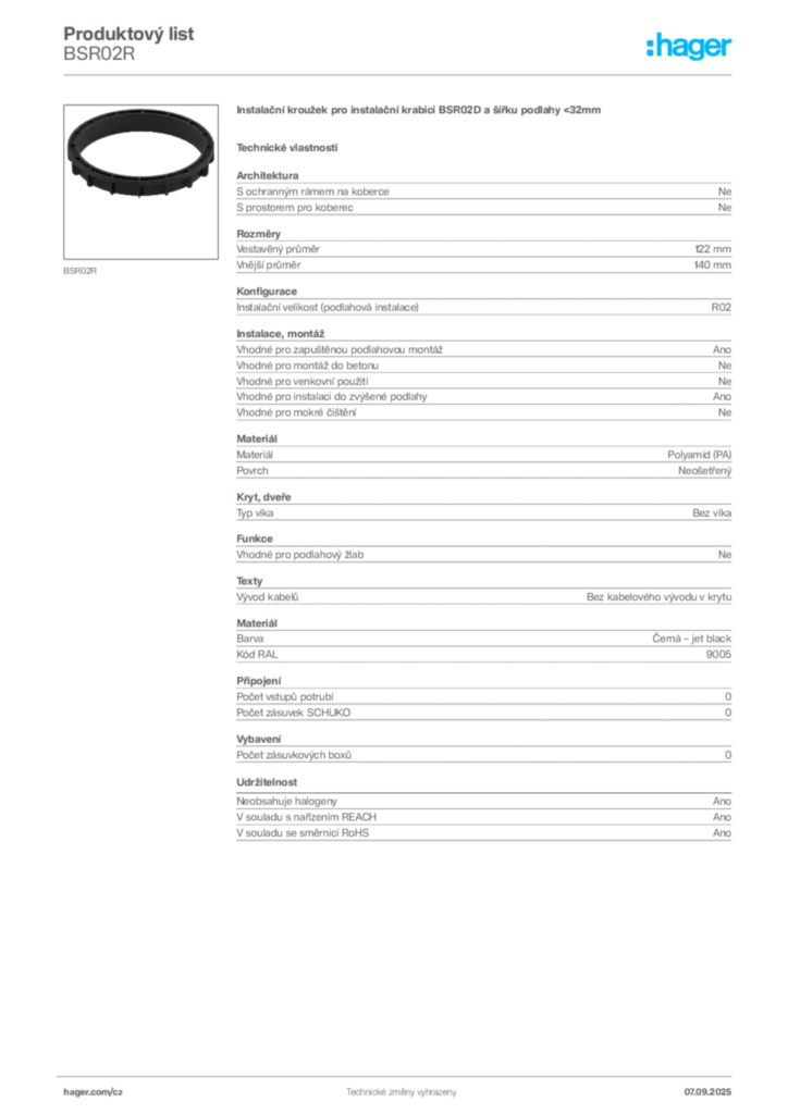Obrázek Hager Produktový list BSR02R | Hager
