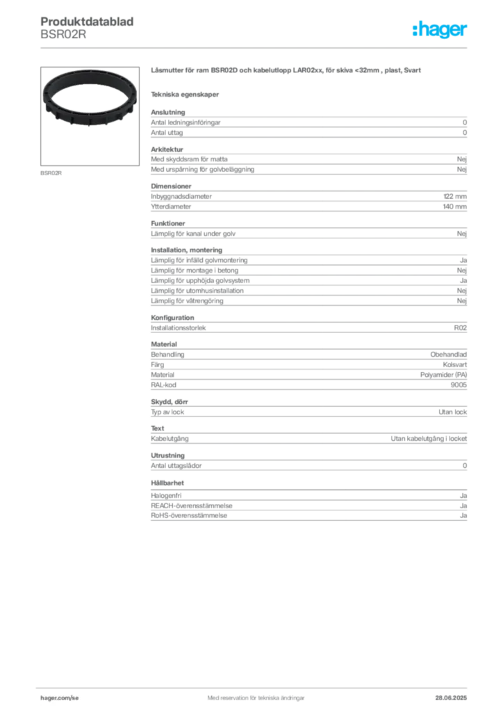 Bild Hager Produktdatablad BSR02R | Hager Sverige