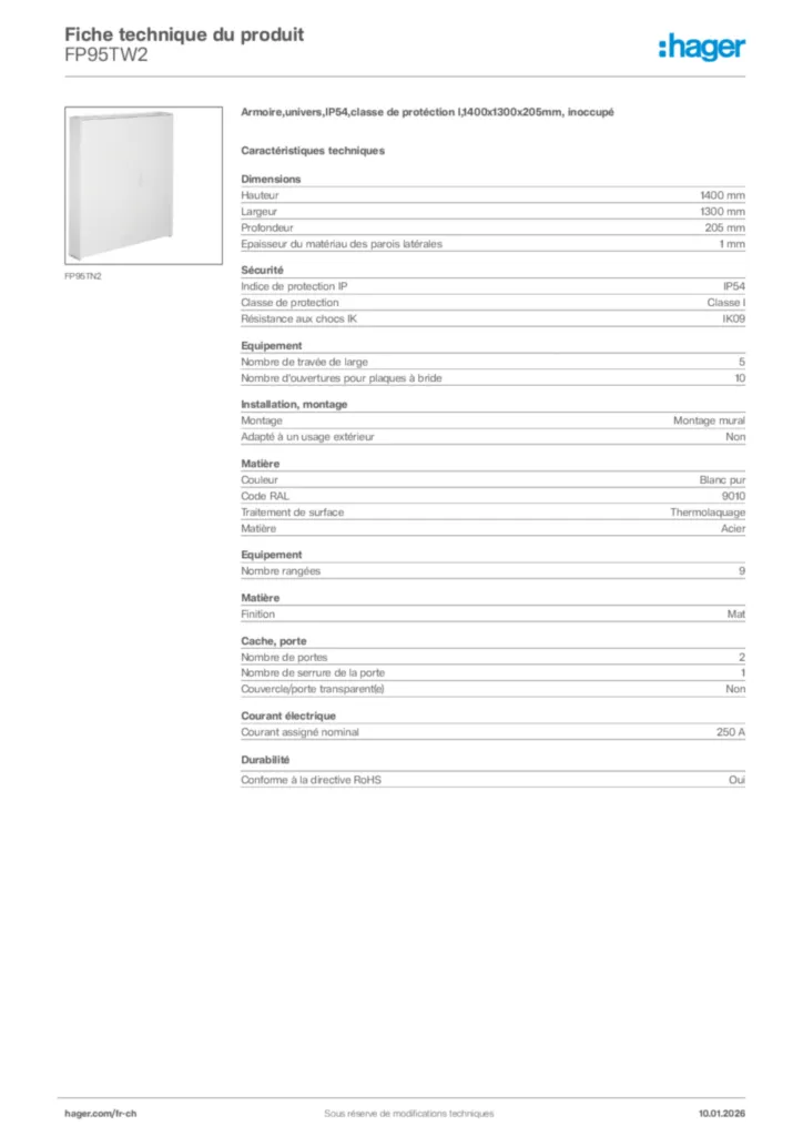 Image Hager Fiche technique du produit FP95TW2 | Hager Suisse