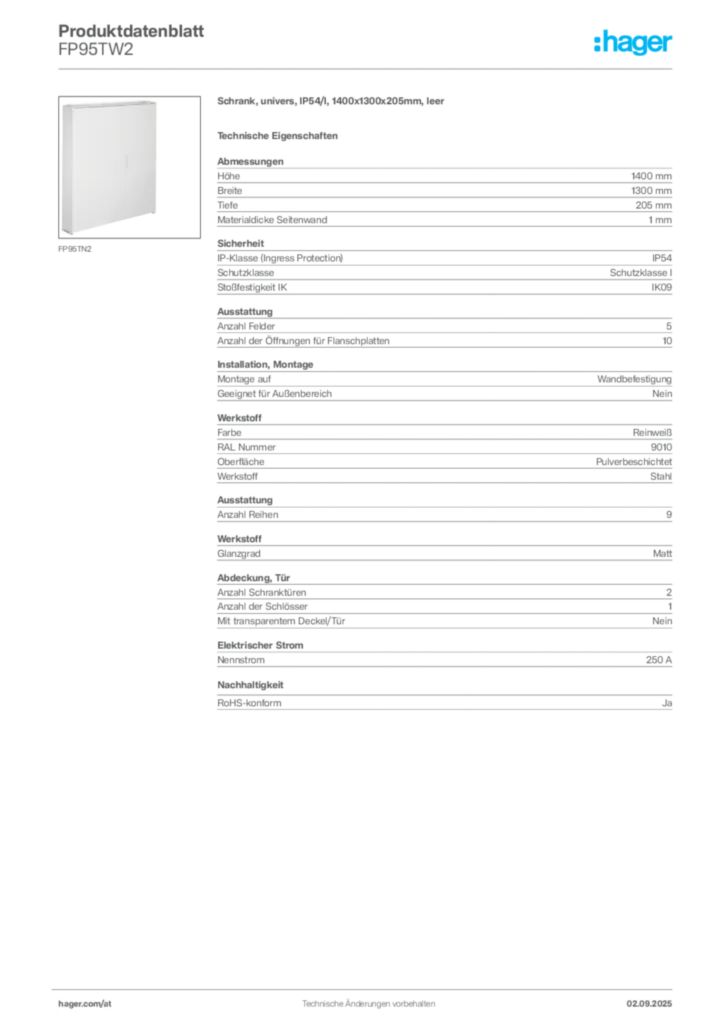 Bild Hager Produktdatenblatt FP95TW2 | Hager Deutschland
