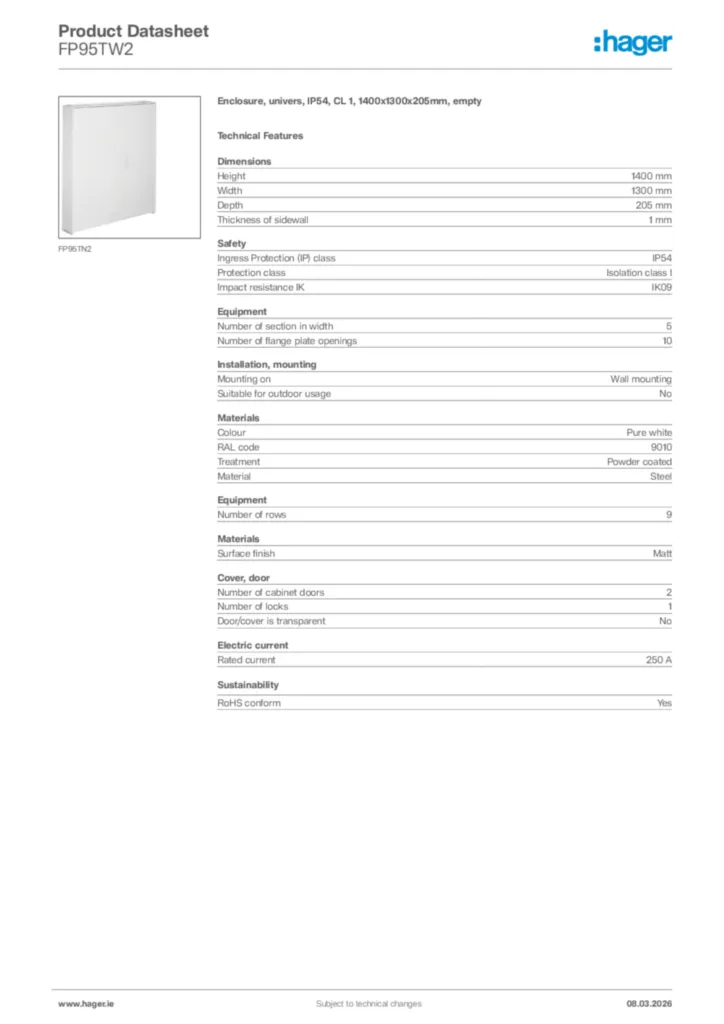 Image Hager Product data sheet FP95TW2  | Hager