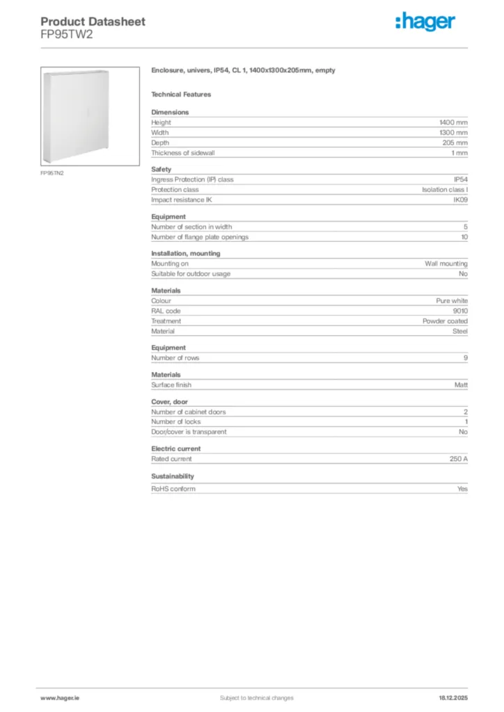 Image Hager Product data sheet FP95TW2  | Hager