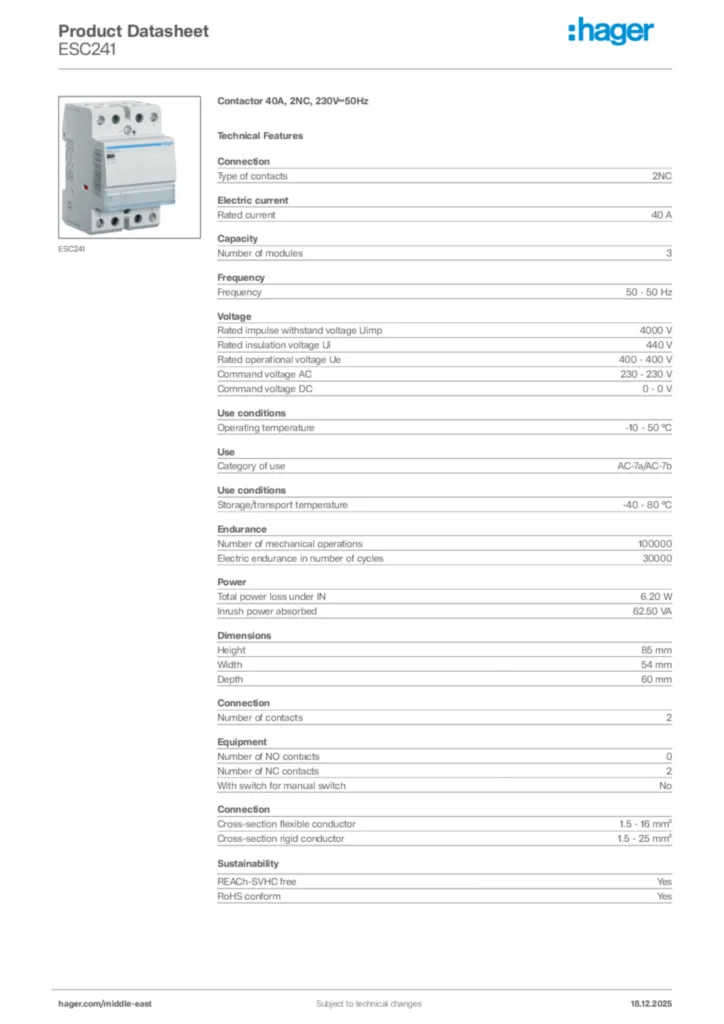Image Hager Product data sheet ESC241  | Hager
