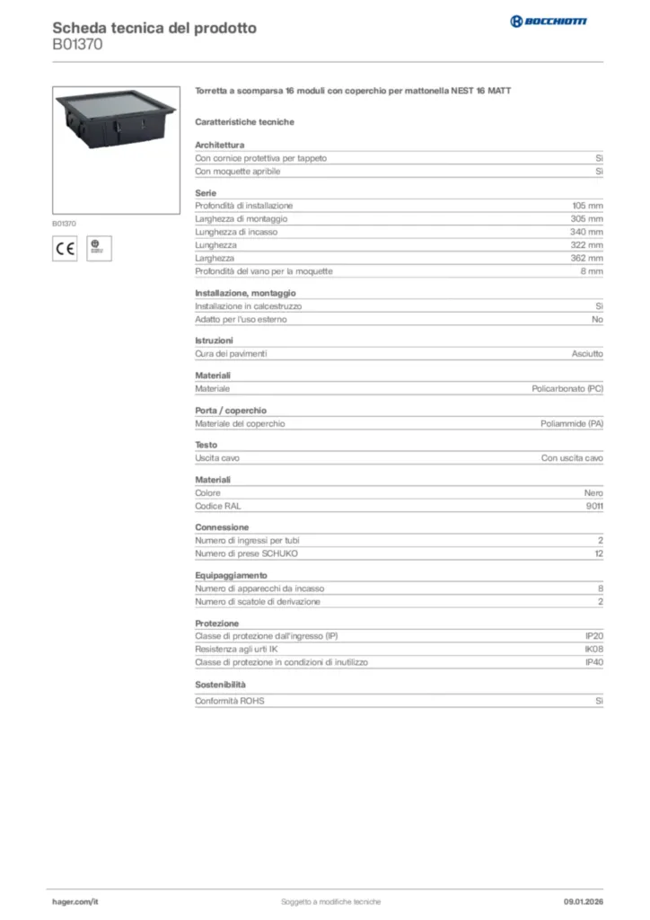 Immagine Bocchiotti Scheda tecnica del prodotto B01370 | Hager Italia