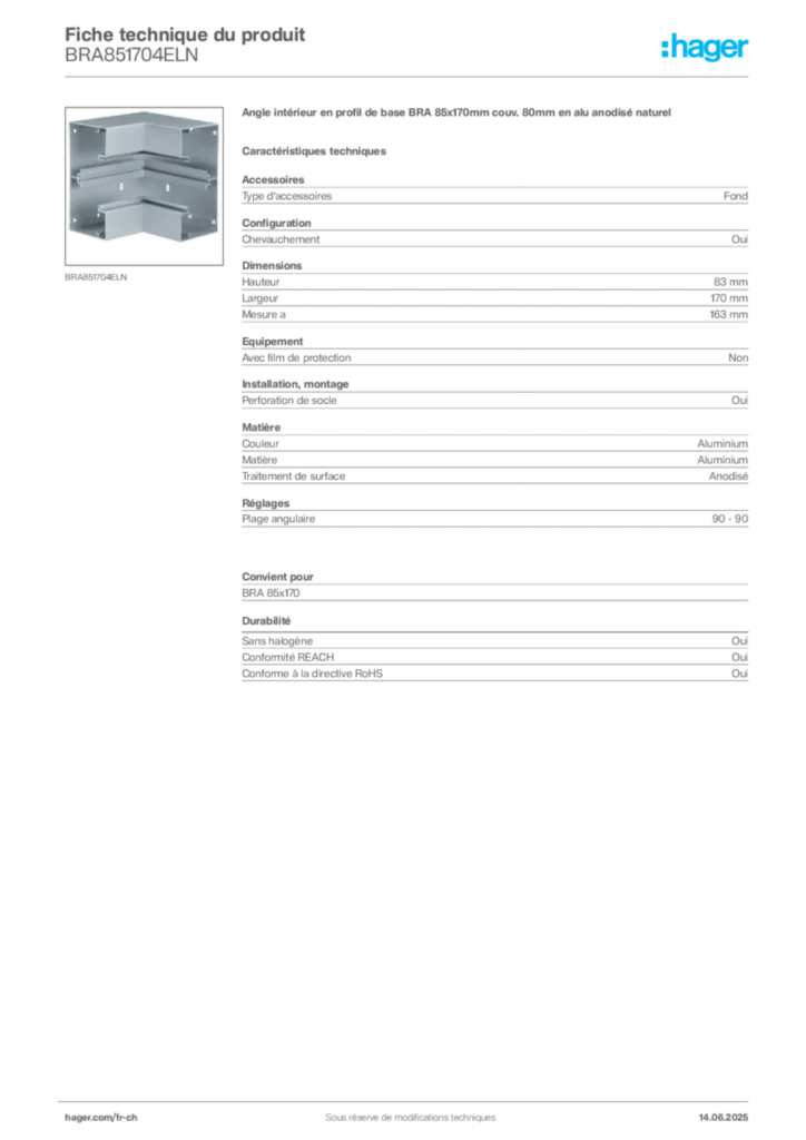 Image Hager Fiche technique du produit BRA851704ELN | Hager Suisse