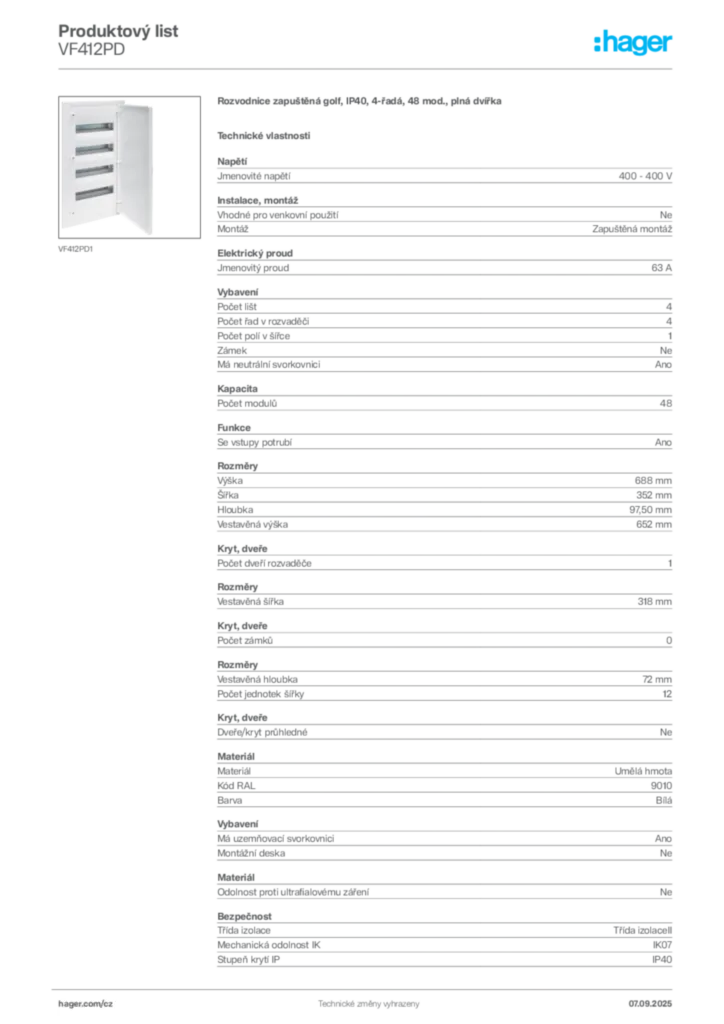 Obrázek Hager Produktový list VF412PD | Hager