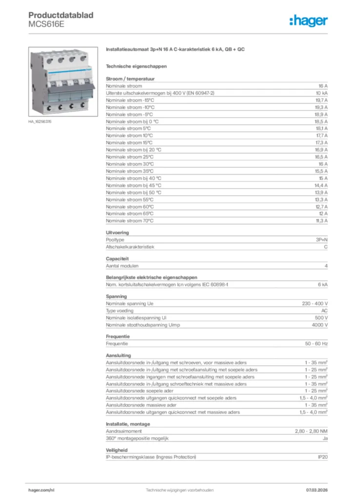 Afbeelding Hager Productdatablad MCS616E | Hager Nederland