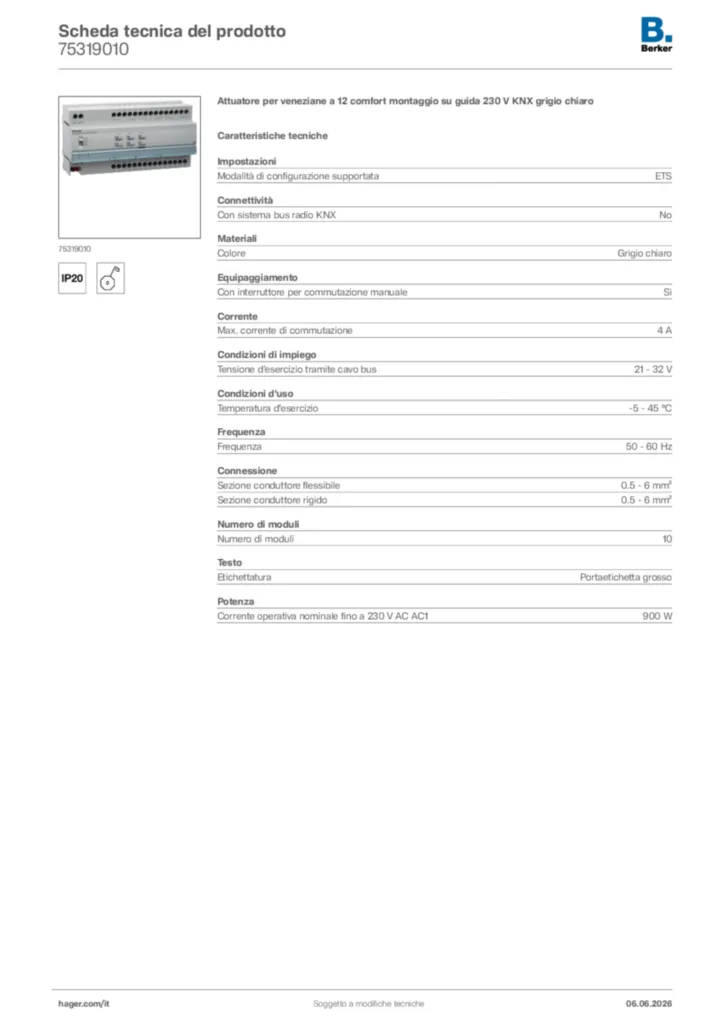 Immagine Berker Scheda tecnica del prodotto 75319010 | Hager Italia