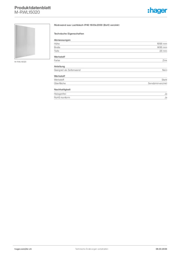 Bild Hager Produktdatenblatt M-RWL15020 | Hager Schweiz