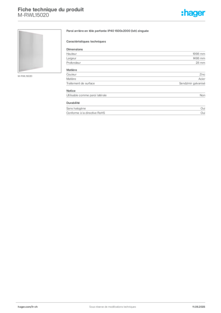Image Hager Fiche technique du produit M-RWL15020 | Hager Suisse