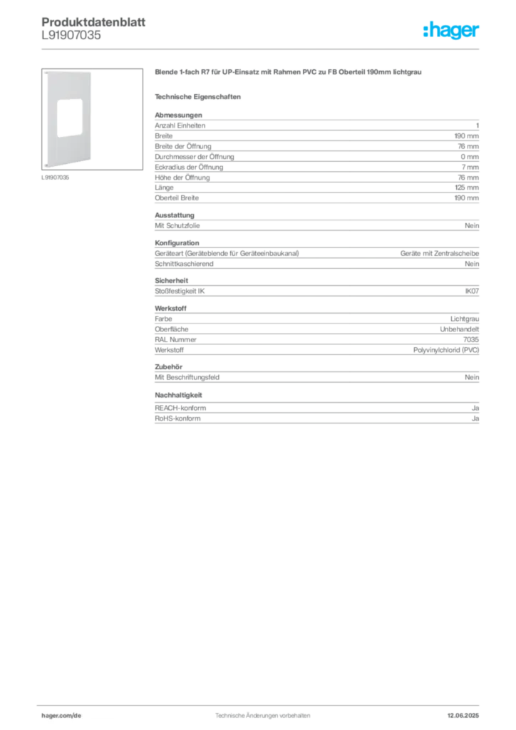 Hager Produktdatenblatt L91907035
