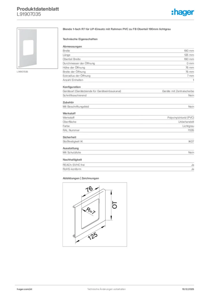 Bild Hager Produktdatenblatt L91907035 | Hager Deutschland