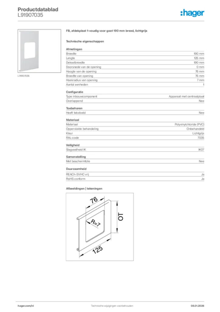 Afbeelding Hager Productdatablad L91907035 | Hager Nederland