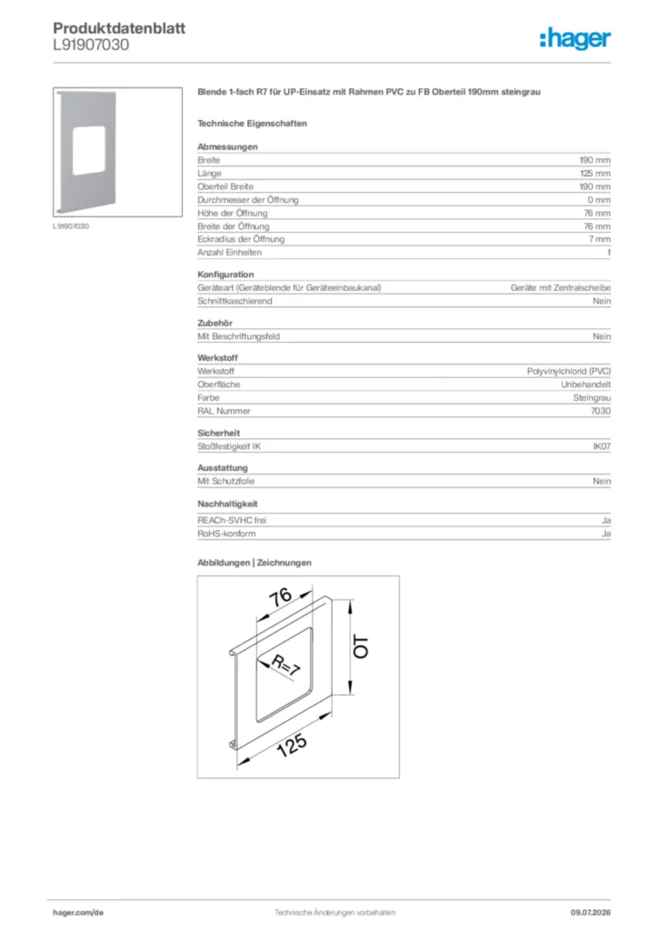 Bild Hager Produktdatenblatt L91907030 | Hager Deutschland