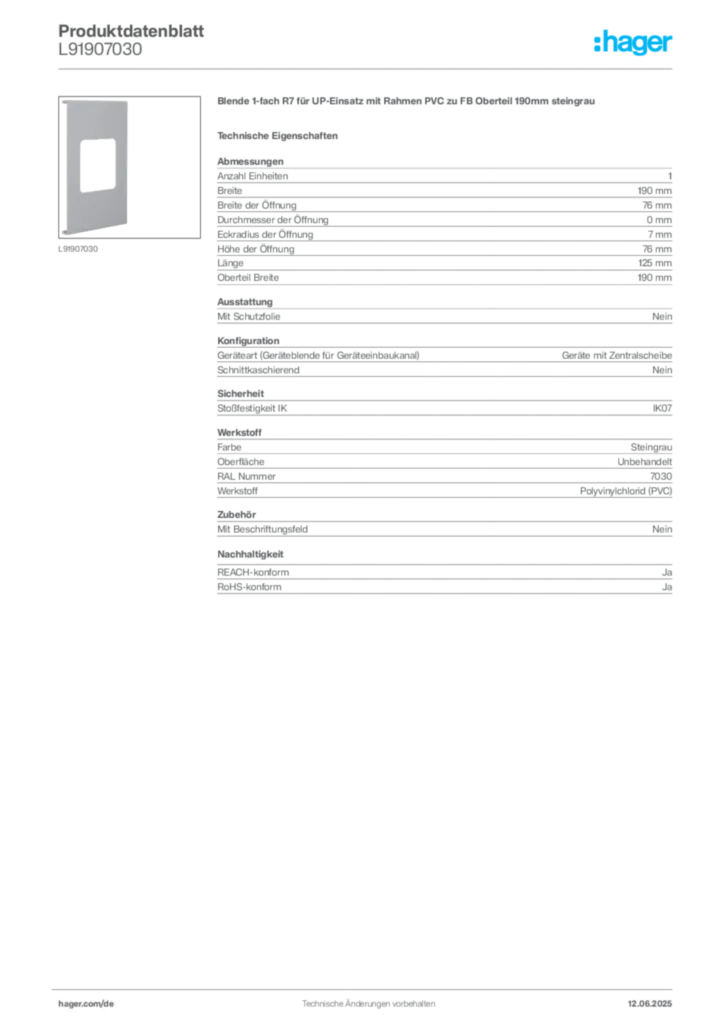 Hager Produktdatenblatt L91907030