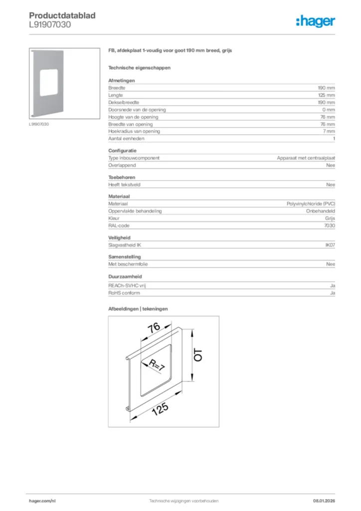 Afbeelding Hager Productdatablad L91907030 | Hager Nederland
