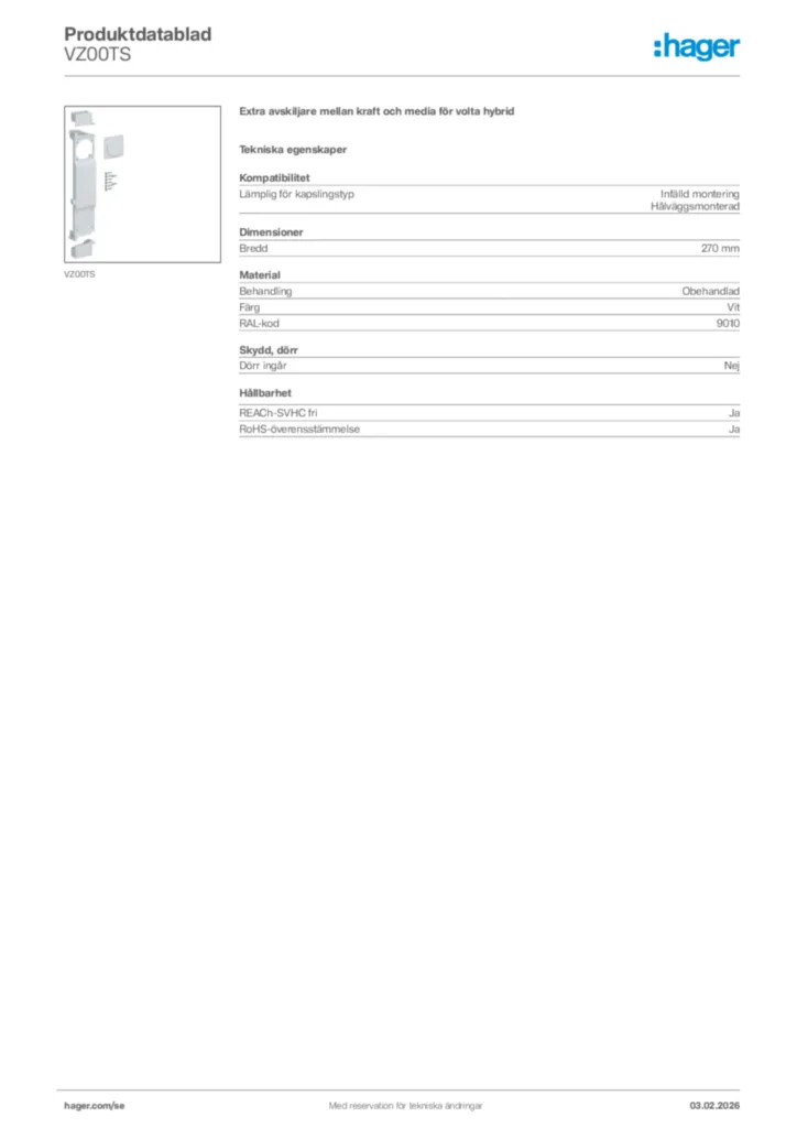 Bild Hager Produktdatablad VZ00TS | Hager Sverige