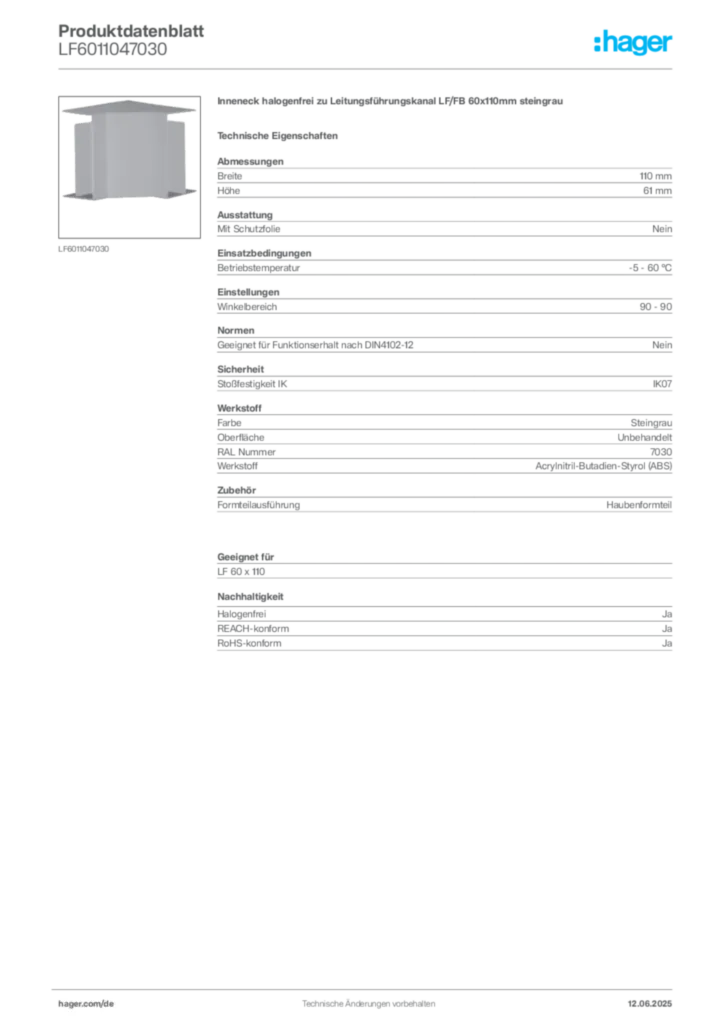 Bild Hager Produktdatenblatt LF6011047030 | Hager Deutschland