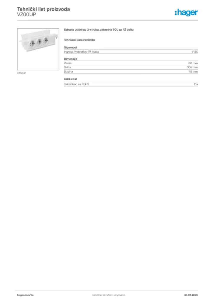 Slika Hager Tehnički list proizvoda VZ00UP  | Hager