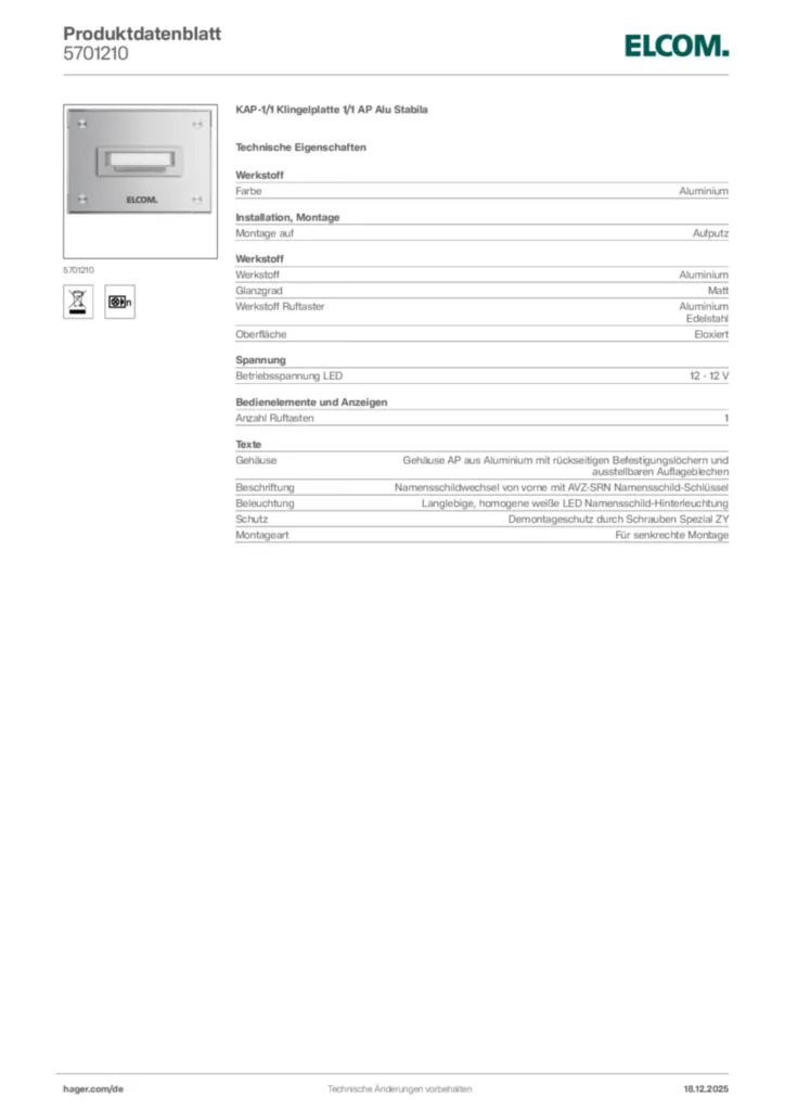 Bild Elcom Produktdatenblatt 5701210 | Hager Deutschland