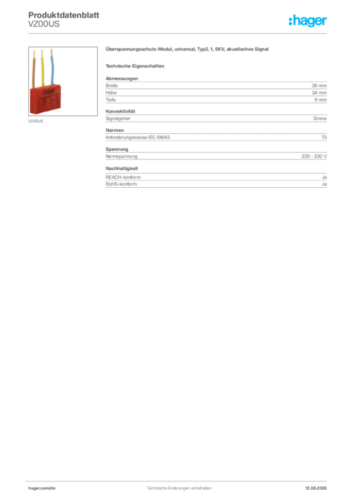 Hager Produktdatenblatt VZ00US