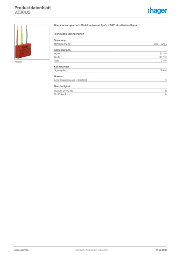 Bild Hager Produktdatenblatt VZ00US | Hager Deutschland