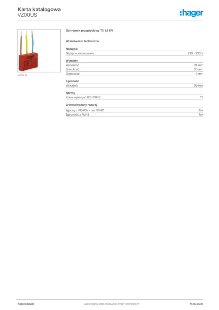 Zdjęcie Hager Karta katalogowa VZ00US | Hager Polska