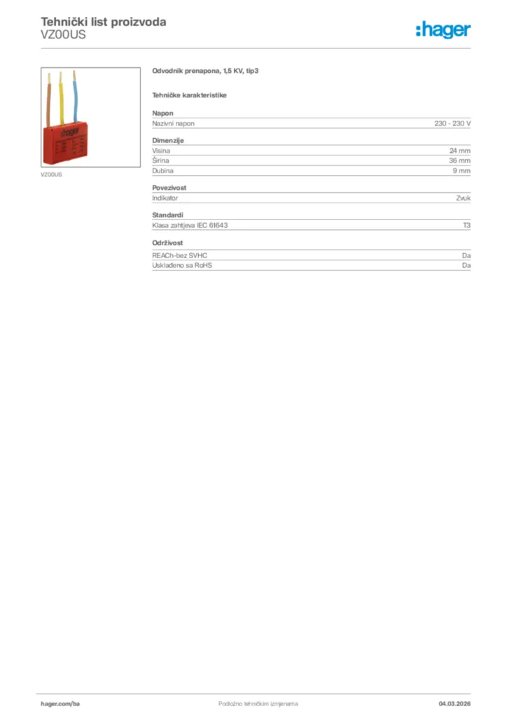 Slika Hager Tehnički list proizvoda VZ00US  | Hager