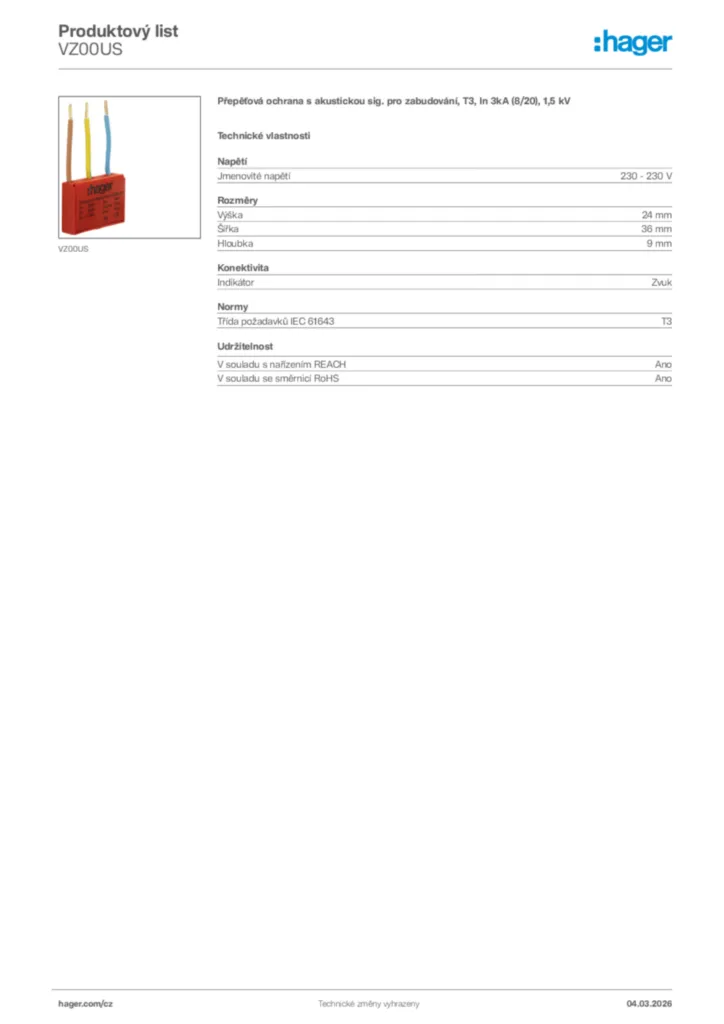 Obrázek Hager Product data sheet VZ00US | Hager