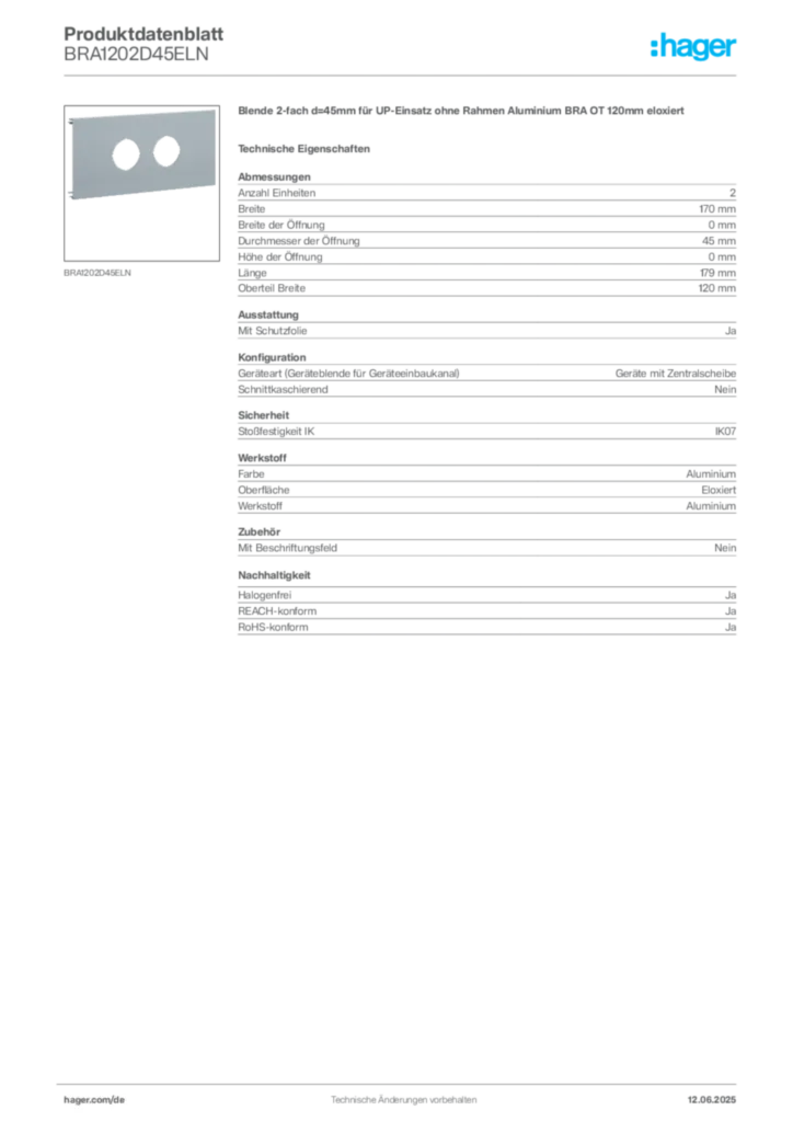 Hager Produktdatenblatt BRA1202D45ELN
