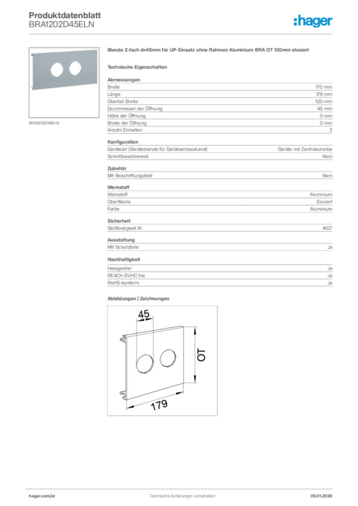 Bild Hager Produktdatenblatt BRA1202D45ELN | Hager Deutschland
