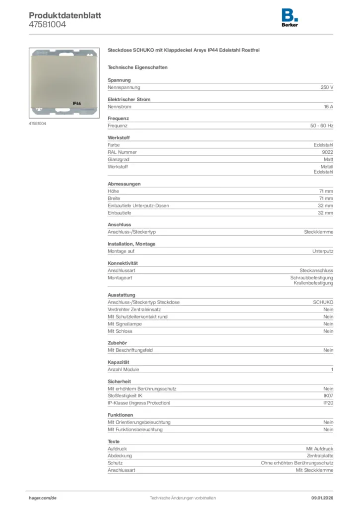 Bild Berker Produktdatenblatt 47581004 | Hager Deutschland