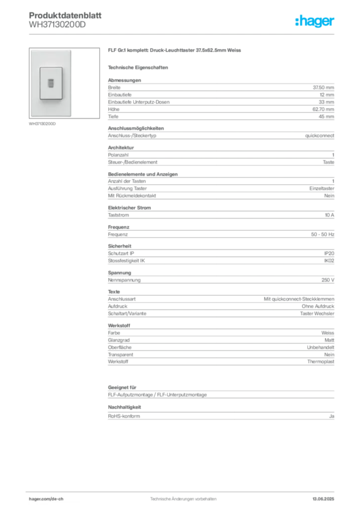 Bild Hager Produktdatenblatt WH37130200D | Hager Schweiz