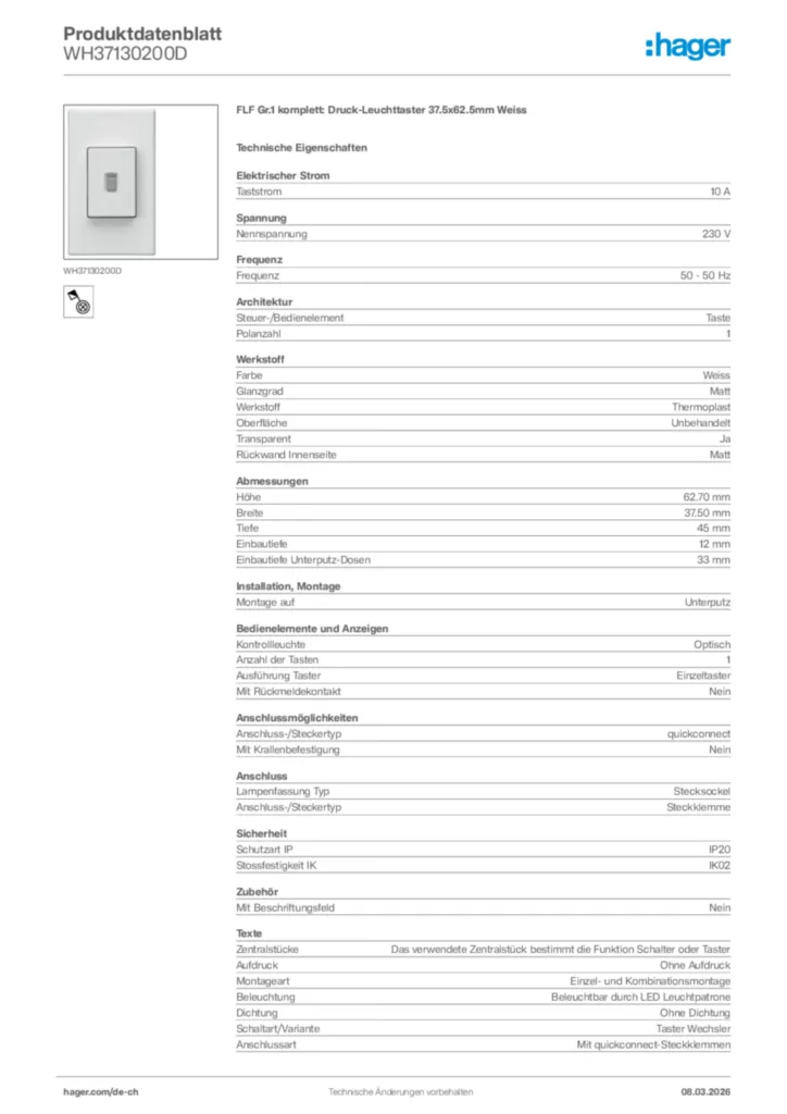 Bild Hager Produktdatenblatt WH37130200D | Hager Schweiz