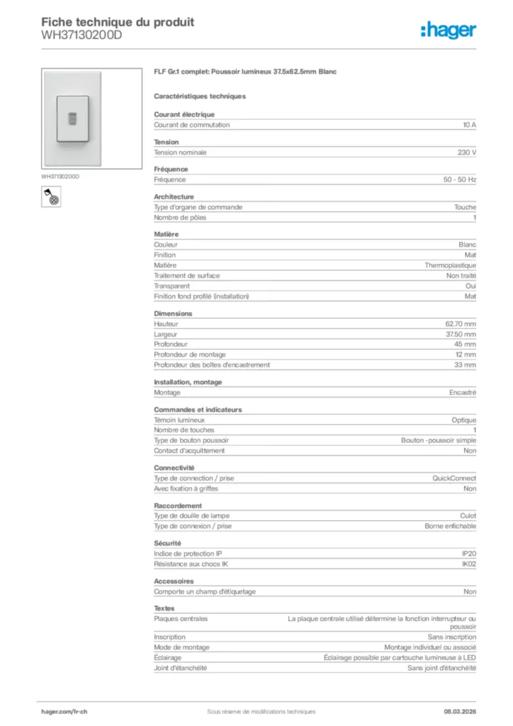 Image Hager Fiche technique du produit WH37130200D | Hager Suisse