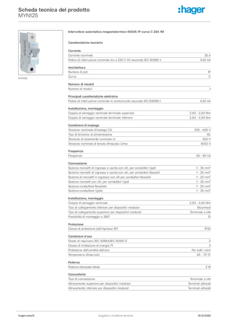 Immagine Hager Scheda tecnica del prodotto MYN125 | Hager Italia