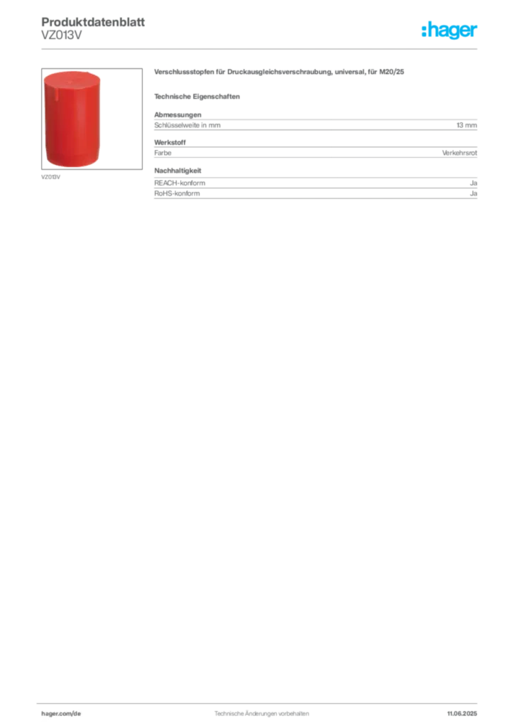 Bild Hager Produktdatenblatt VZ013V | Hager Deutschland