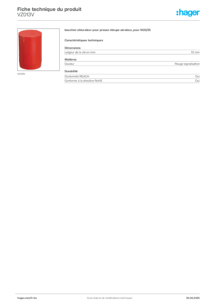 Image Hager Fiche technique du produit VZ013V | Hager Belgique