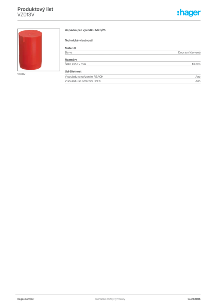 Obrázek Hager Produktový list VZ013V | Hager