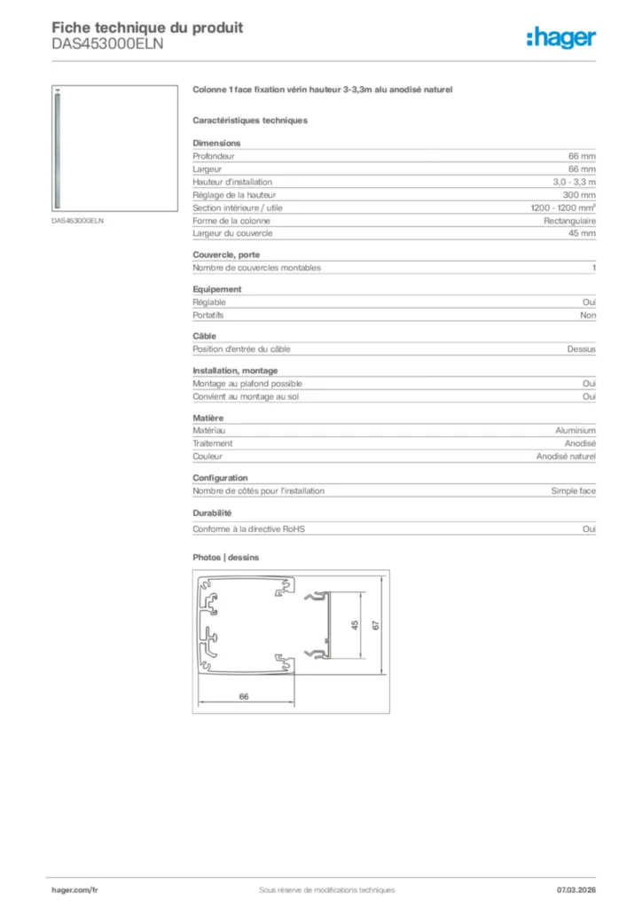 Image Hager Fiche technique du produit DAS453000ELN | Hager France