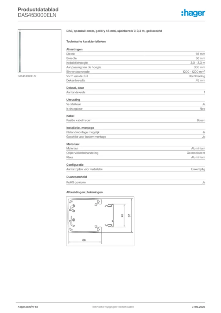Afbeelding Hager Productdatablad DAS453000ELN | Hager Belgium