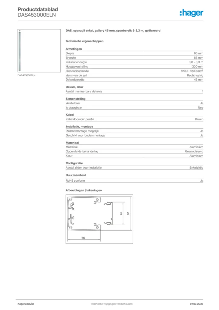 Afbeelding Hager Productdatablad DAS453000ELN | Hager Nederland