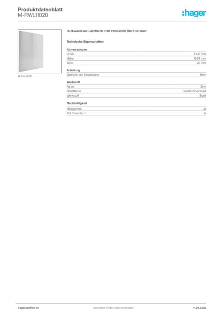 Bild Hager Produktdatenblatt M-RWL11020 | Hager Schweiz