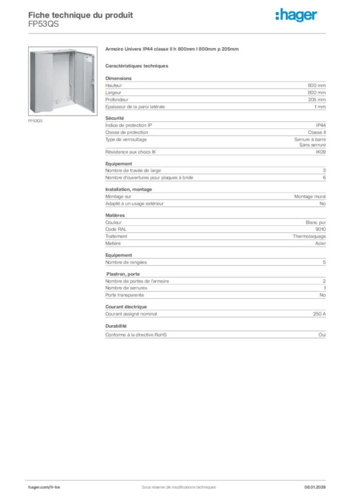 Image Hager Fiche technique du produit FP53QS | Hager Belgique