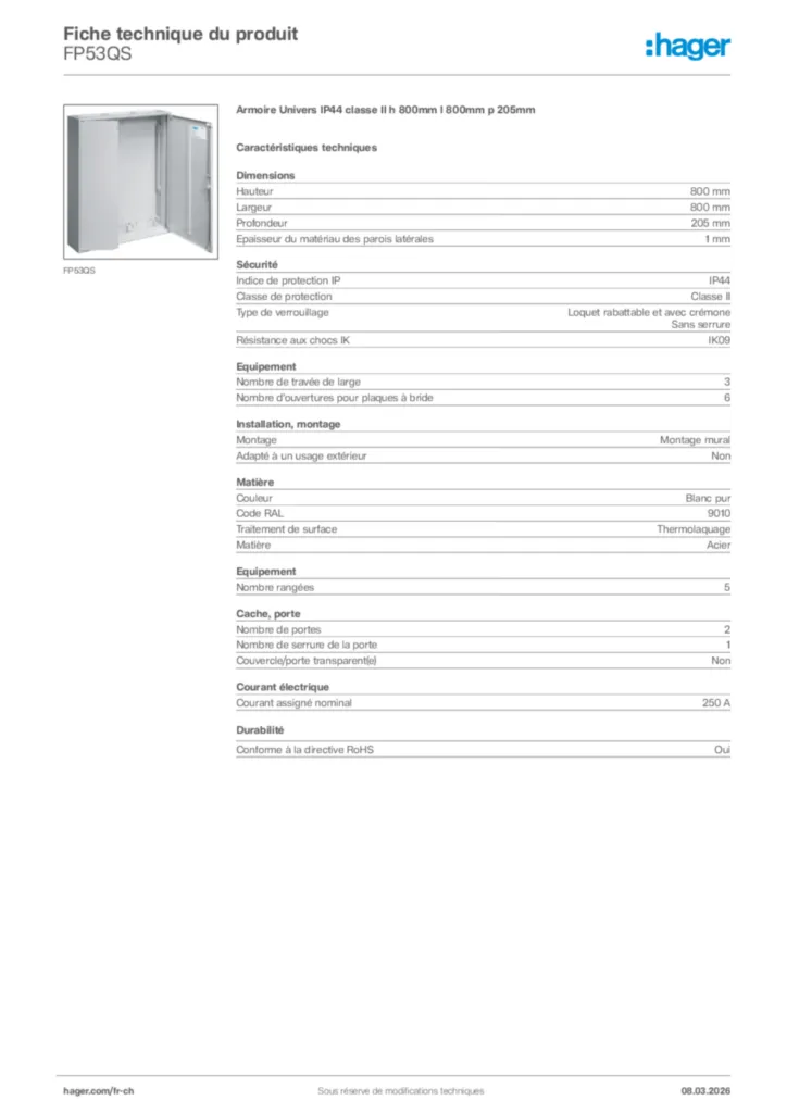 Image Hager Fiche technique du produit FP53QS | Hager Suisse